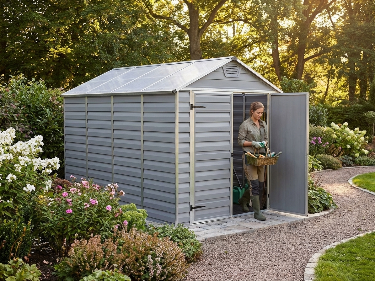 Polycarbonate garden shed in grey with aluminium frame for outdoor storage - product detail