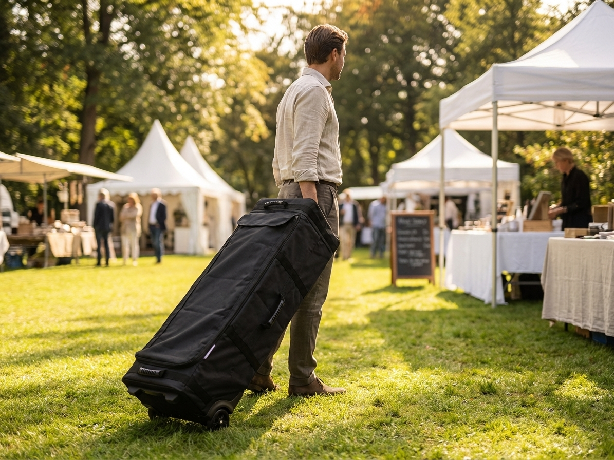 Black carry bag with wheels for easy transport, made from 600D polyester