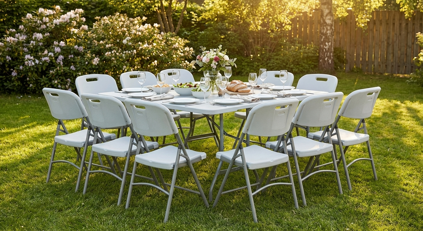 Folding table and chair set in light grey and white - product detail