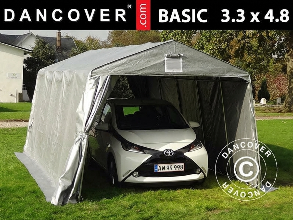 Portable grey garage made of PE tarpaulin for outdoor storage
