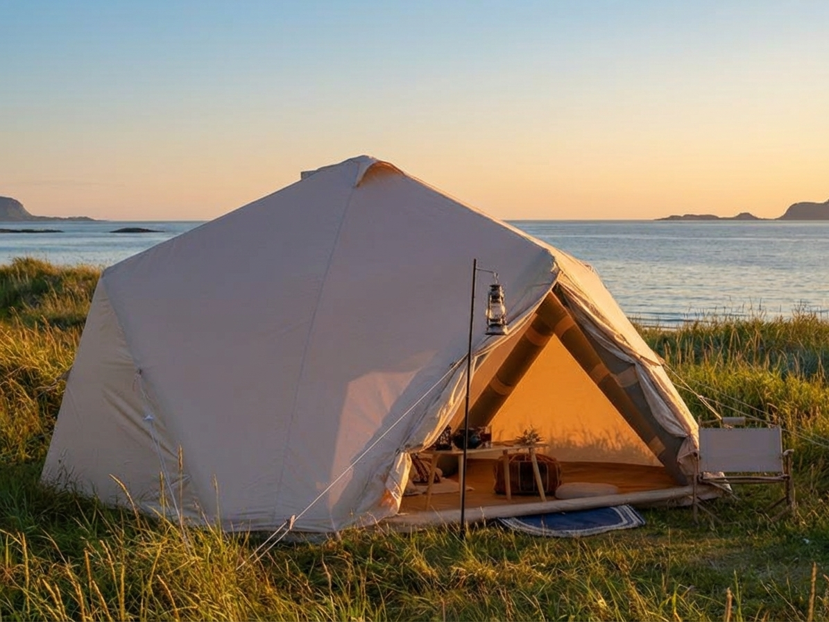 Inflatable glamping tent in sand colour, ideal for outdoor camping