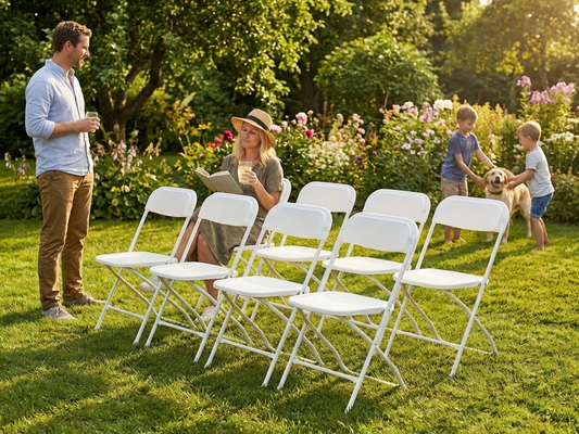 White folding chair made from polypropylene and steel for indoor and outdoor use