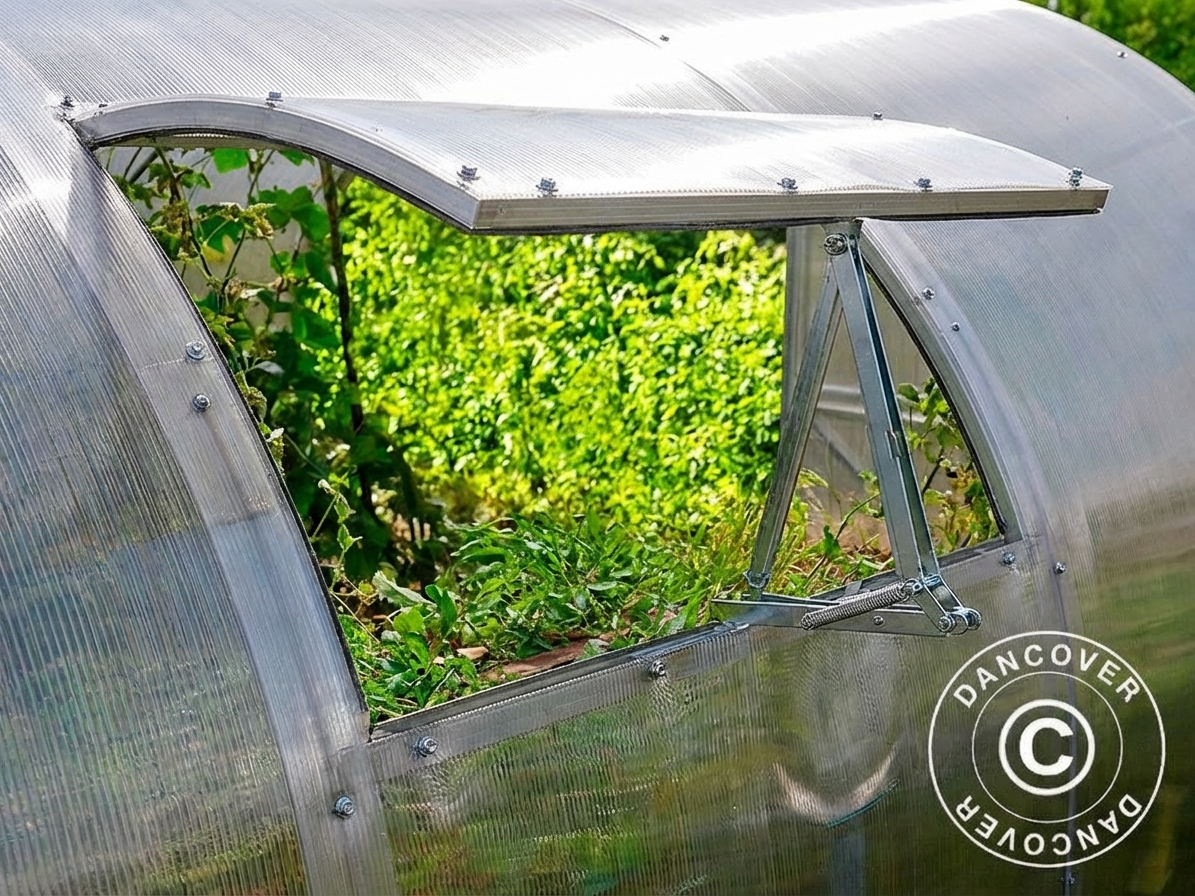 Silver ventilation window for greenhouse made of galvanised steel