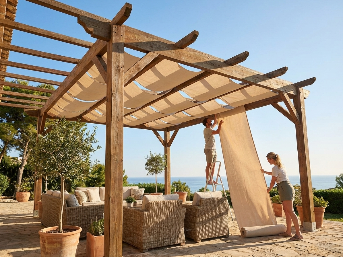 DIY sun sail in sand colour, providing outdoor shade