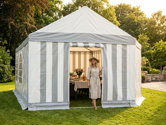 Endwall with wide door in white and grey for outdoor use