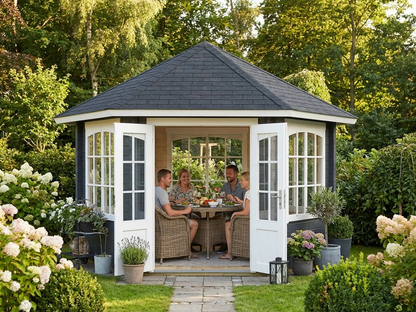 Wooden gazebo in dark grey made from Nordic Spruce for garden use