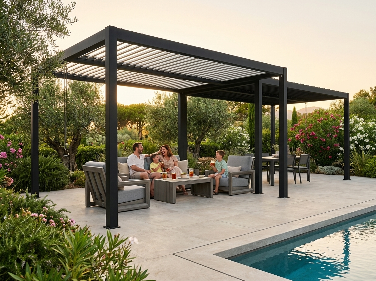 Black bioclimatic pergola gazebo made of aluminium for outdoor use - product detail