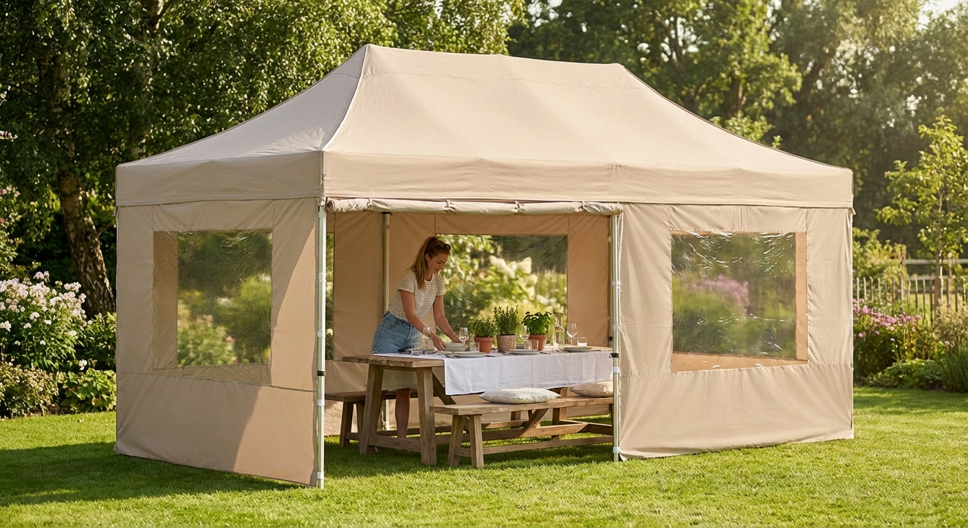 Large pop-up gazebo in latte with aluminium frame for outdoor events
