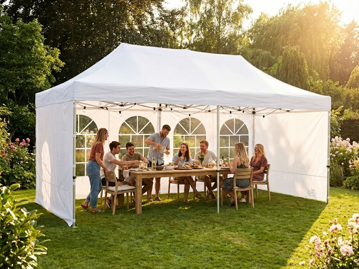 White pop-up gazebo with steel frame and PVC backing for outdoor events - product detail
