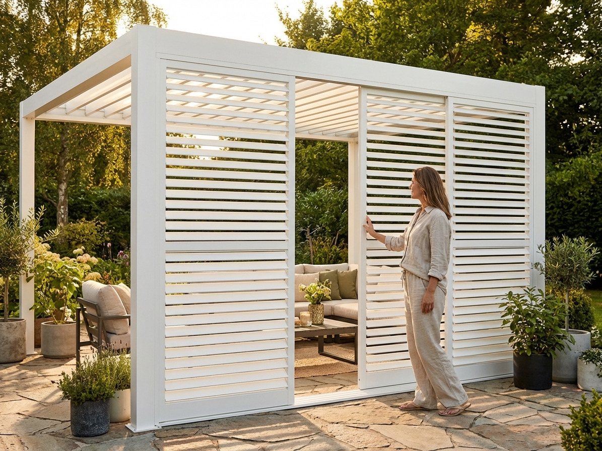 Louvre sliding door set for pergola with white aluminium frame - product detail