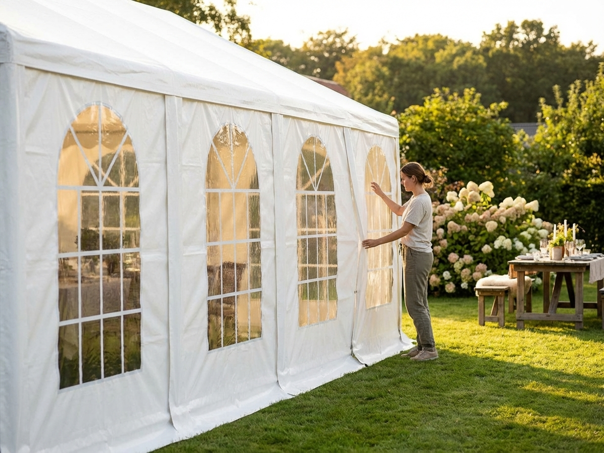 White 10m marquee sidewall made of polyethylene tarpaulin