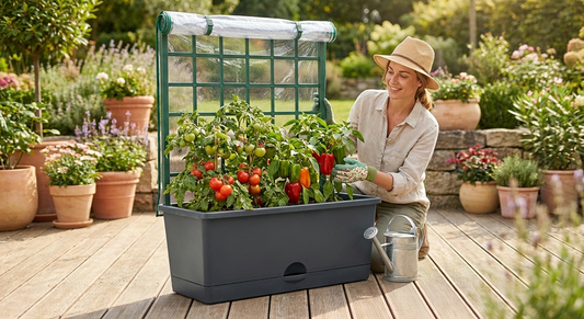 Self-watering planter box in anthracite, suitable for indoor and outdoor use