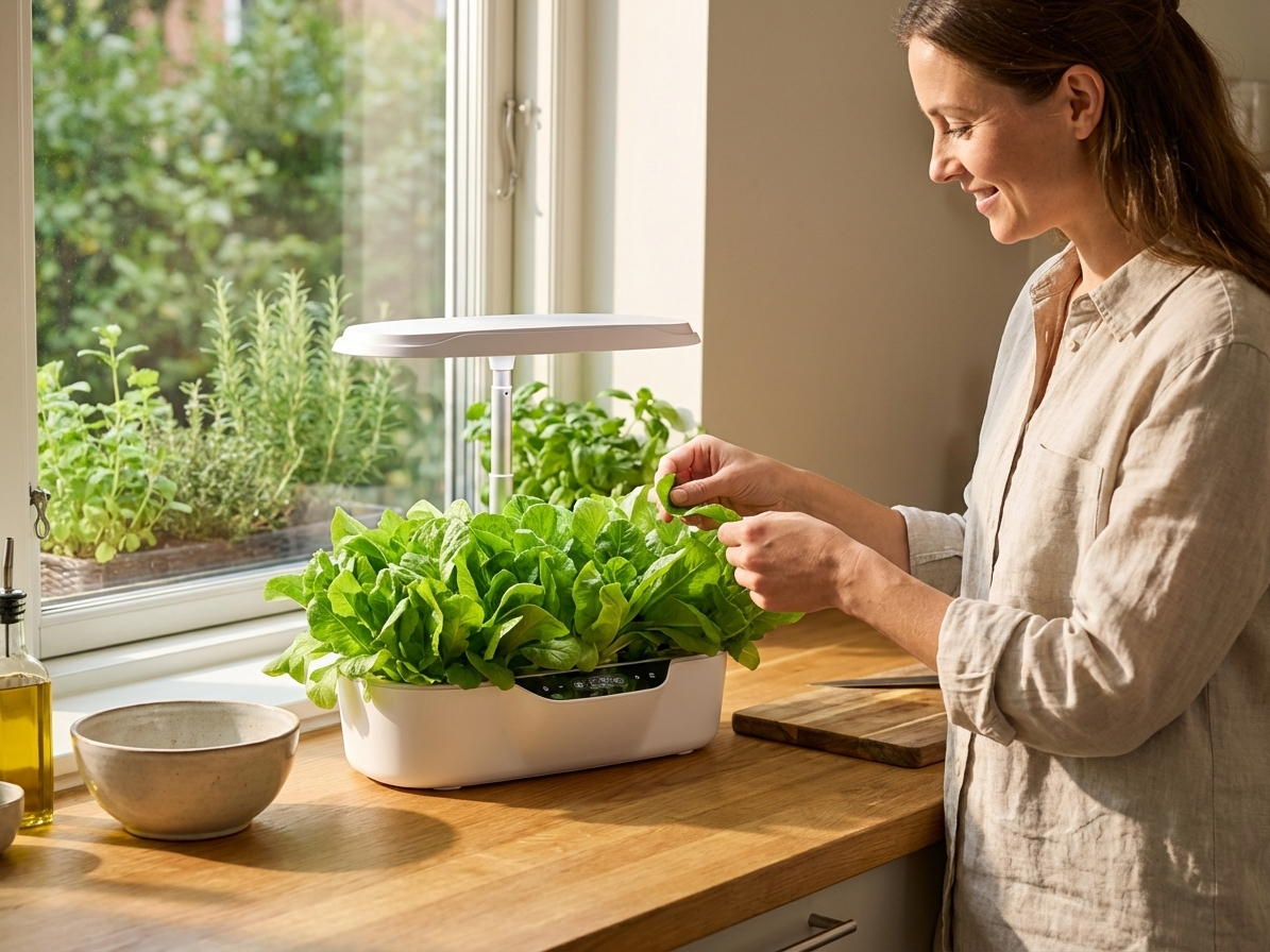 White hydroponic planter with LED growth light for indoor gardening - view 3