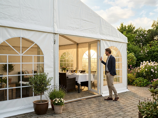 Endwall with large window and wide door in white 6m PVC - product detail