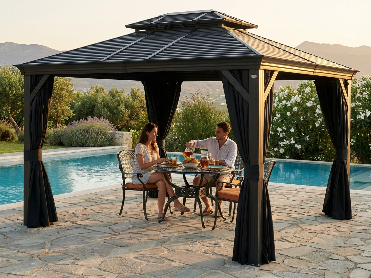 Black gazebo with aluminium and steel frame, 3x4m