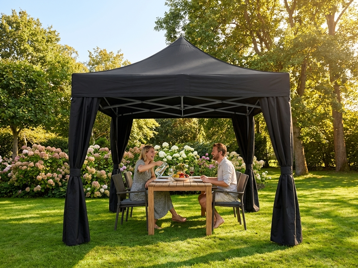 Black pop-up gazebo 3x3m with steel frame for outdoor use