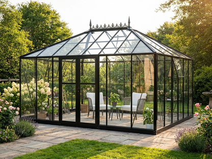Glass greenhouse with aluminium frame in black, 19 m² area - product detail