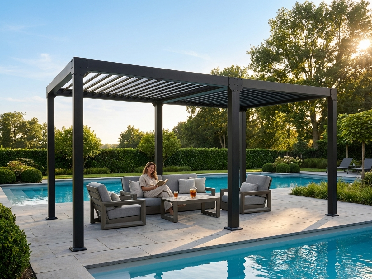 Bioclimatic pergola gazebo, 4x8 m in black for outdoor use - view 3