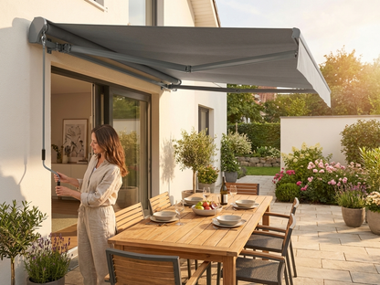 Grey outdoor awning with aluminium frame for garden and patio - view 3