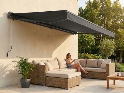 Grey awning with aluminium frame for outdoor use