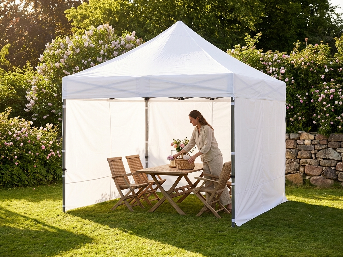 White pop-up gazebo with steel frame set up for an outdoor event