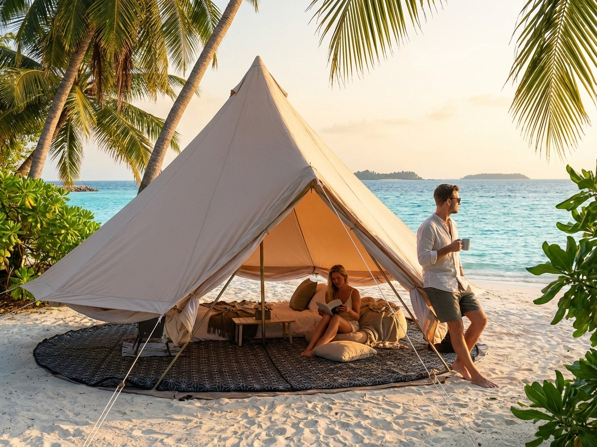 Sand-coloured bell tent for glamping and camping - view 3