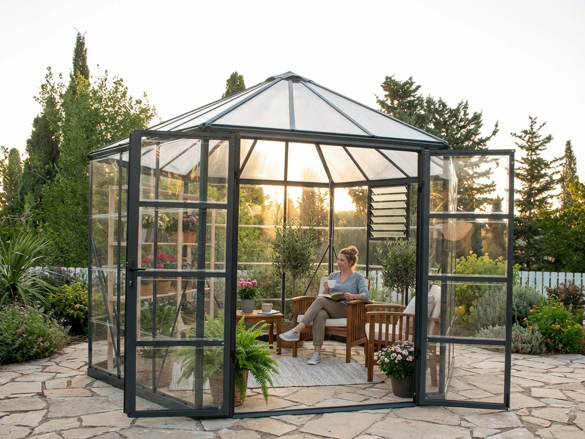 Polycarbonate orangery with aluminium frame in anthracite