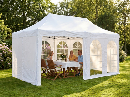 White pop-up gazebo with steel frame and PVC backing for outdoor events