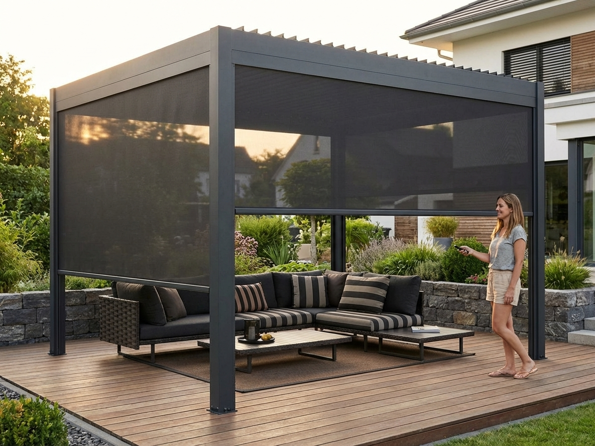 Black electric sidewall screen for pergola, 4m in length