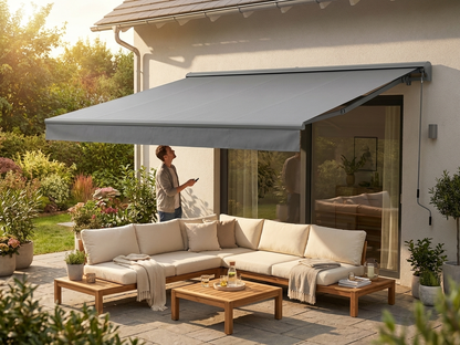 Remote controlled awning in grey with aluminium frame for outdoor use - view 3