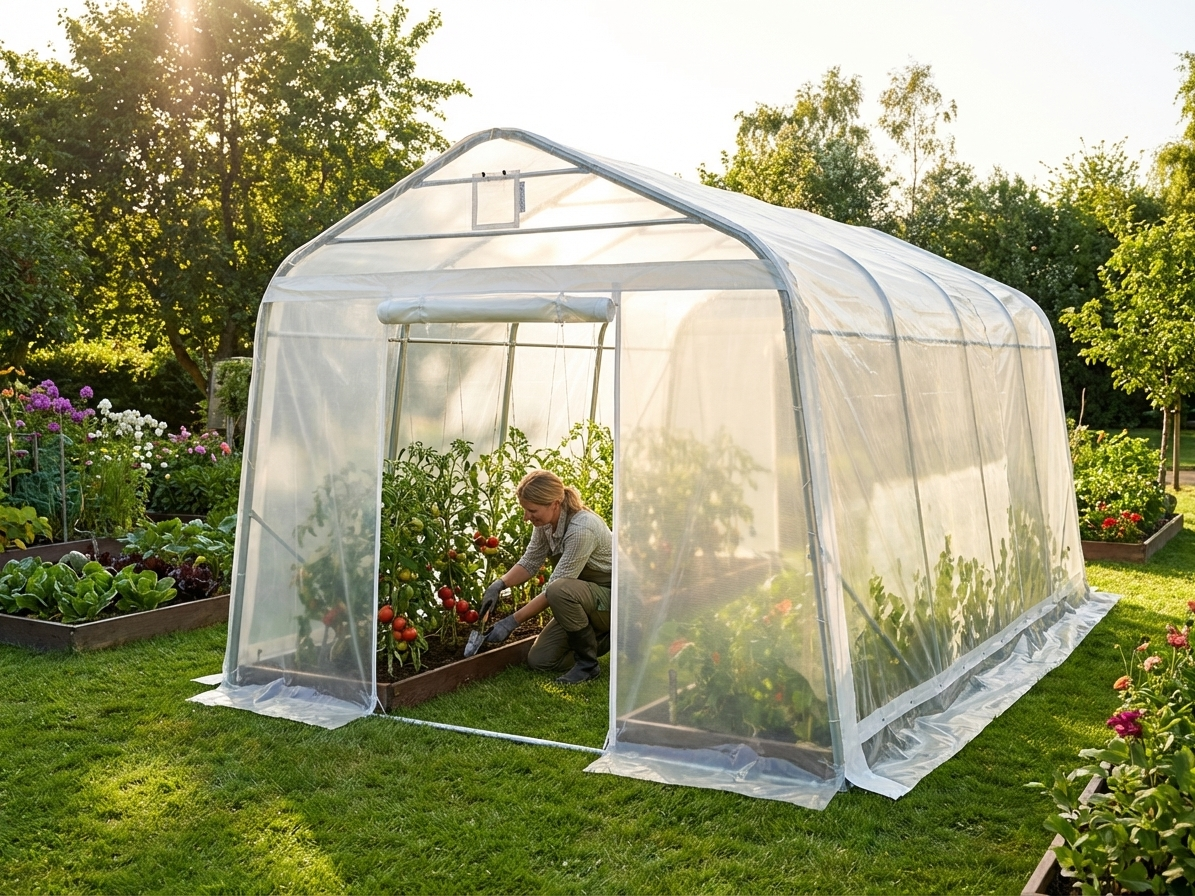 Polytunnel Greenhouse with Transparent Cover and Steel Frame