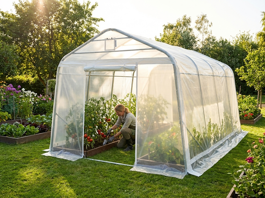 Polytunnel Greenhouse with Transparent Cover and Steel Frame