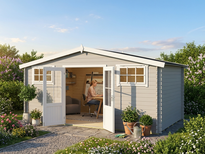 Wooden shed in light grey, 4.8x2.92m, made from Nordic Spruce - product detail