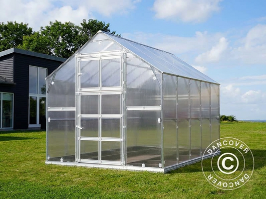 Silver greenhouse with polycarbonate panels and steel frame for outdoor use