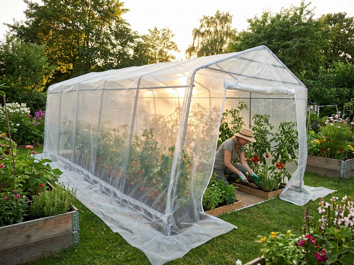 Transparent polytunnel greenhouse with galvanised steel frame for outdoor gardening