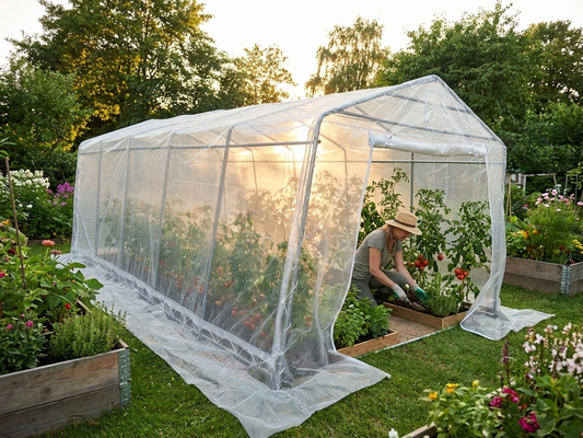 Transparent polytunnel greenhouse with galvanised steel frame for outdoor gardening