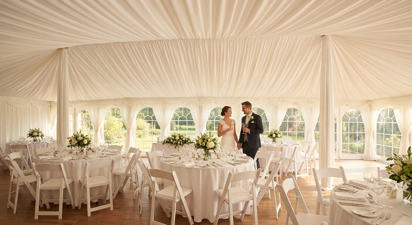 White marquee lining and leg curtain pack for 6x10 m marquee - product detail
