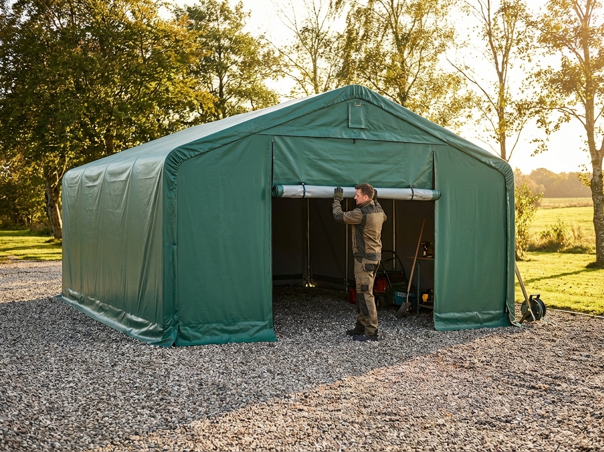 Green PVC storage shelter end wall/door for industrial use - product detail