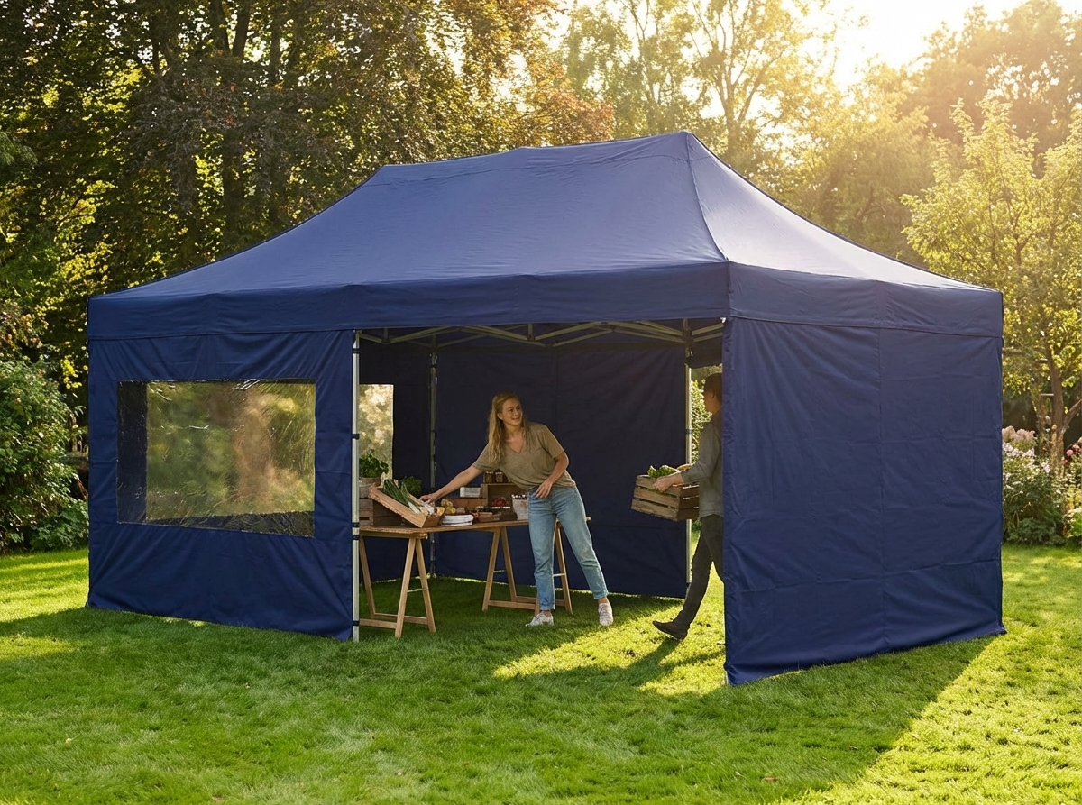 Dark blue pop up gazebo with aluminium frame and sidewalls - product detail