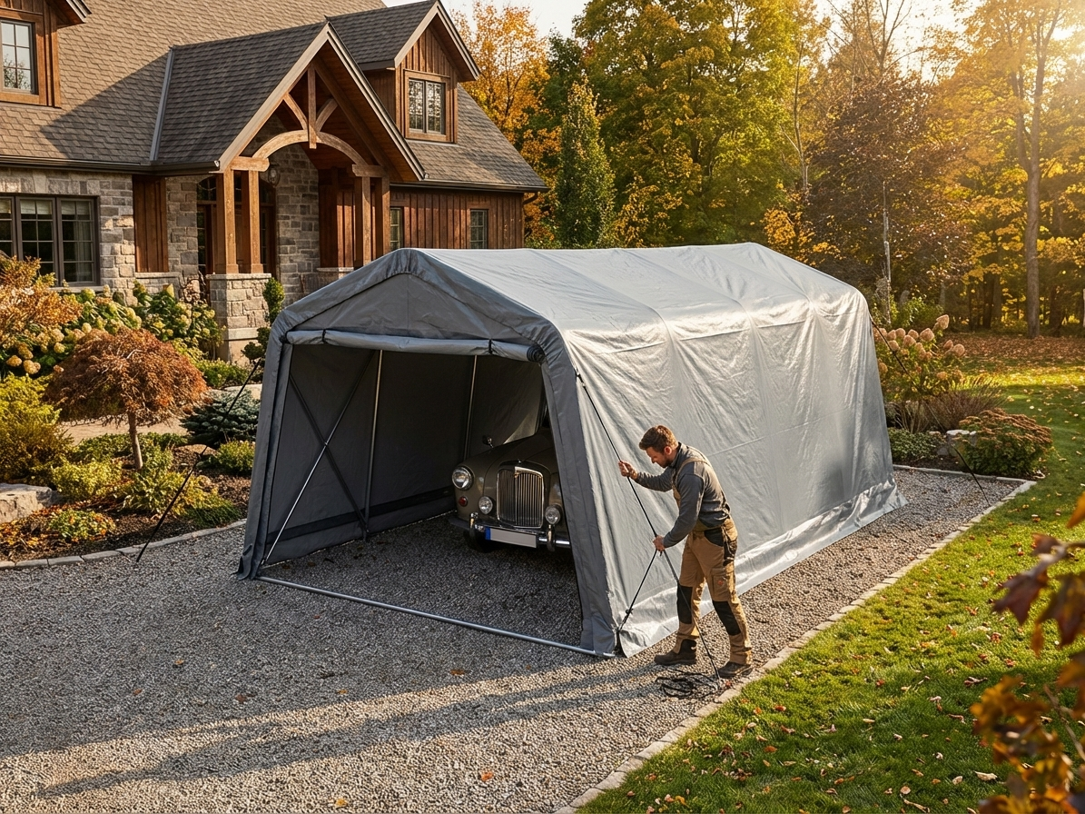 Portable garage roof cover in grey, 3.6x8.4 m, polyethylene