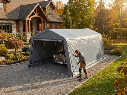 Portable garage roof cover in grey, 3.6x8.4 m, polyethylene