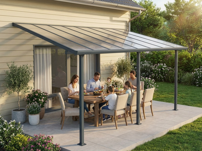 Grey patio cover with aluminium frame and polycarbonate roof, size 3x4.25 m
