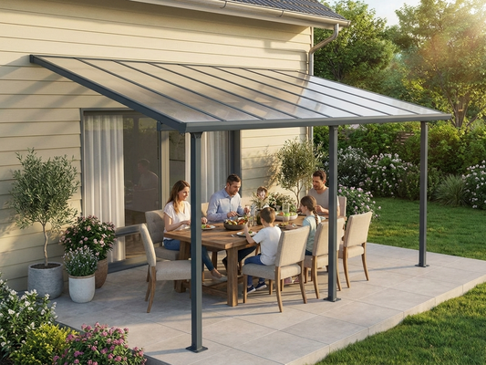 Grey patio cover with aluminium frame and polycarbonate roof, size 3x4.25 m