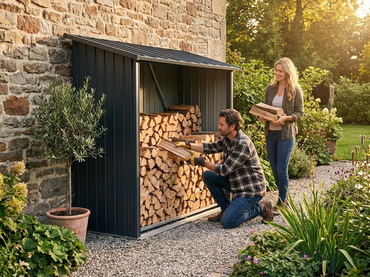 Wood storage shed in anthracite, galvanised steel - view 3