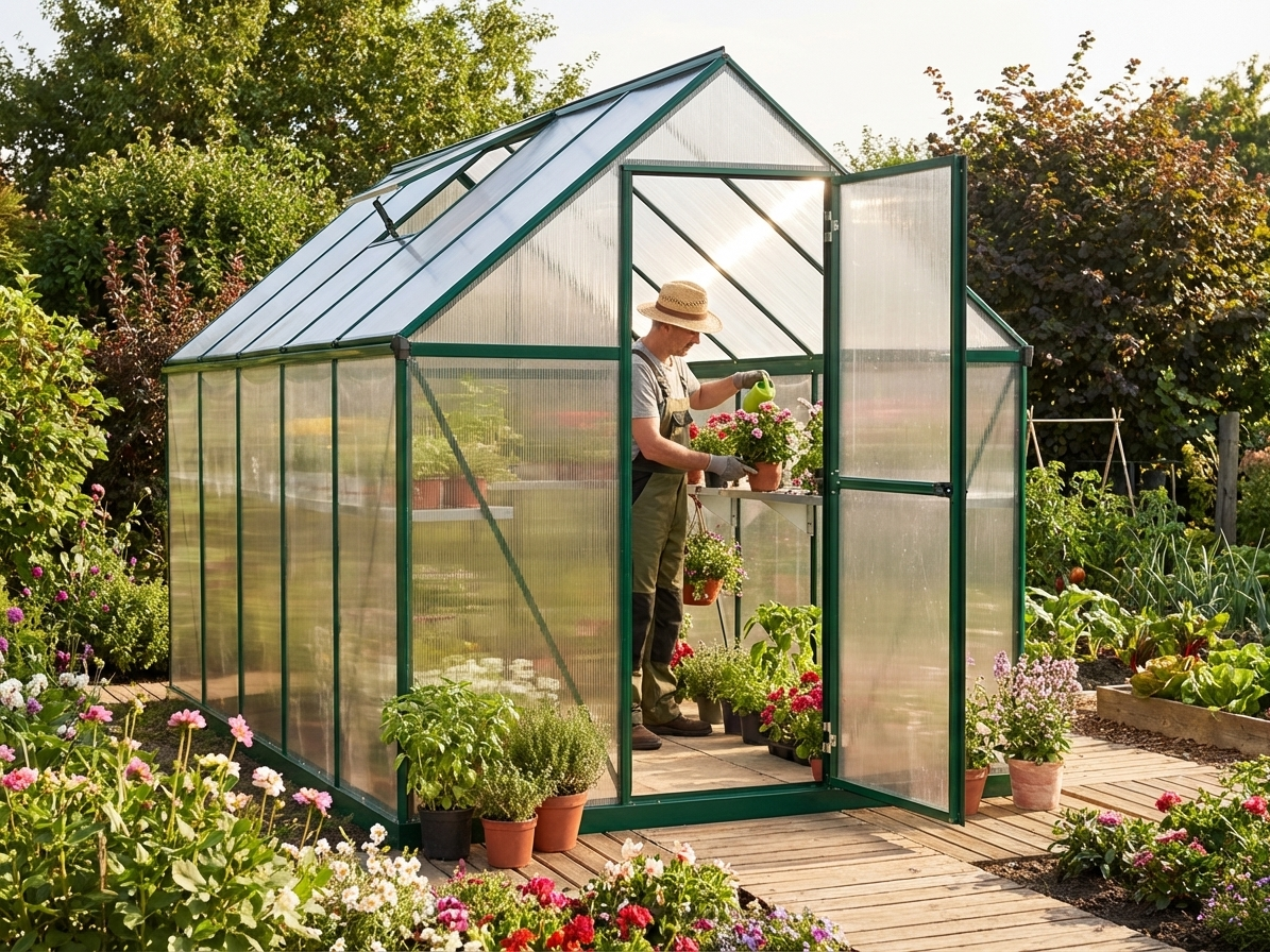 Green polycarbonate greenhouse with aluminium frame