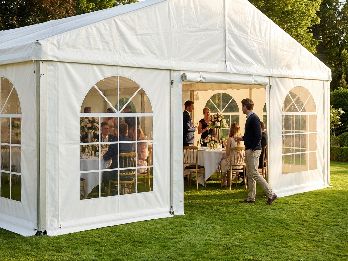 White PVC endwall with large window and wide door for event shelter