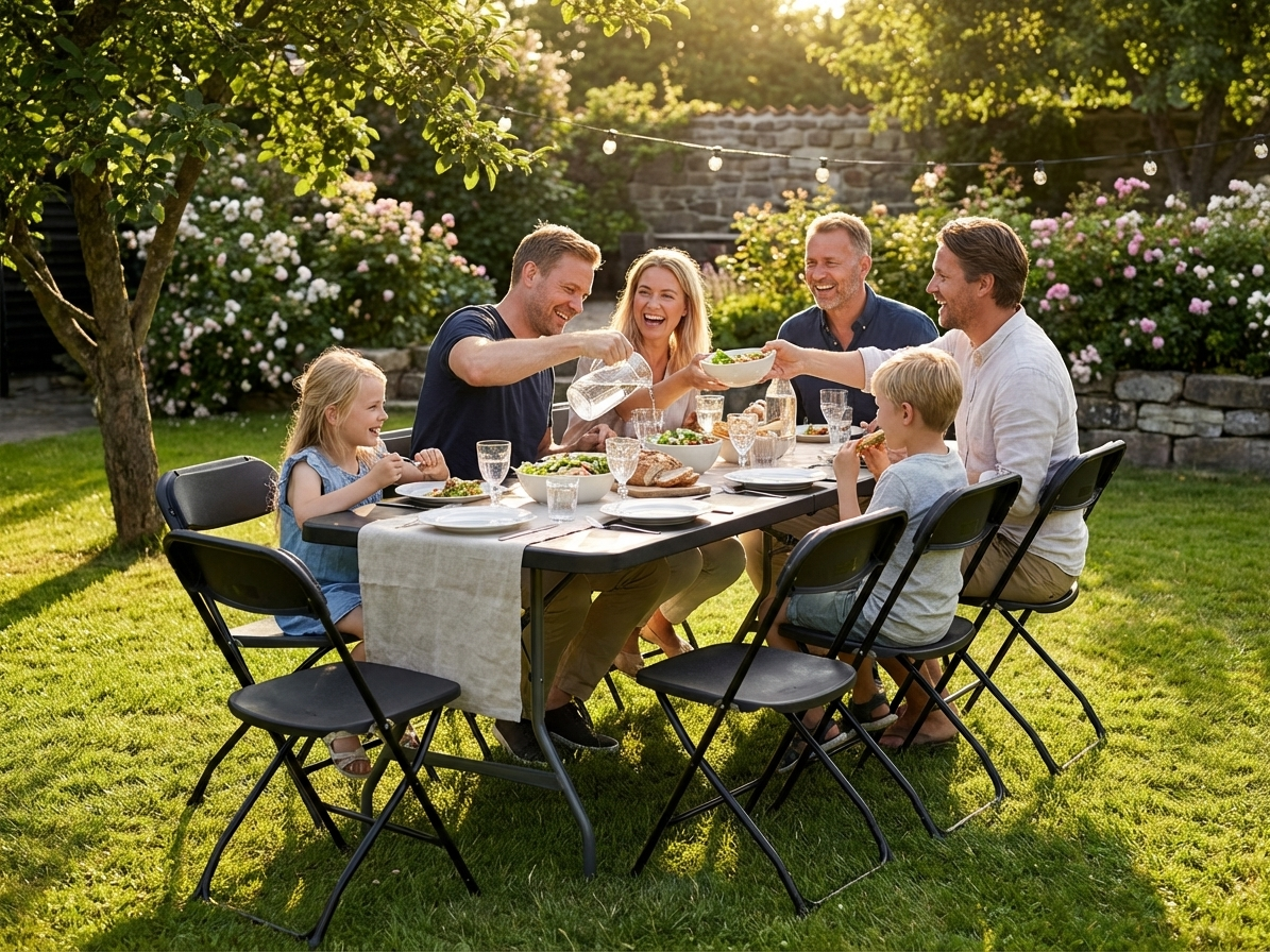 Black folding table and chairs set for events