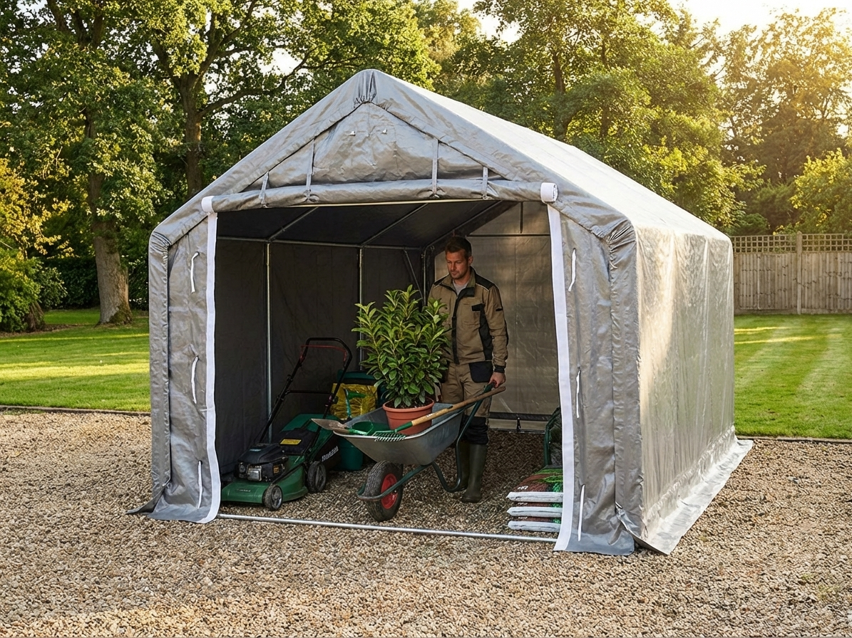 Grey storage shelter 4x6m made of polyethylene and steel - product detail