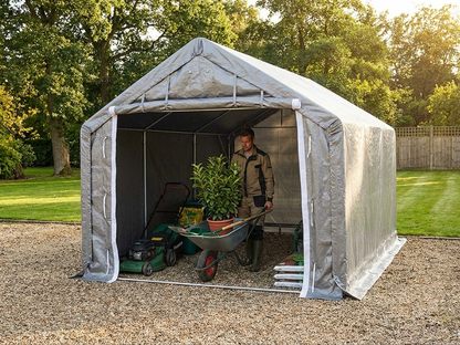 Grey storage shelter 4x6m made of polyethylene and steel - product detail