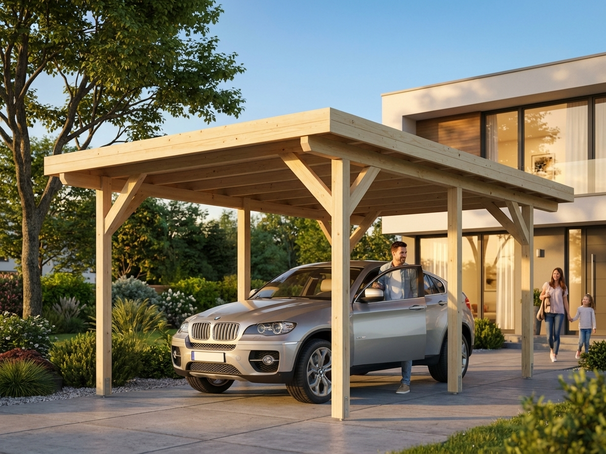 Wooden carport made from Nordic Spruce in natural colour - view 3